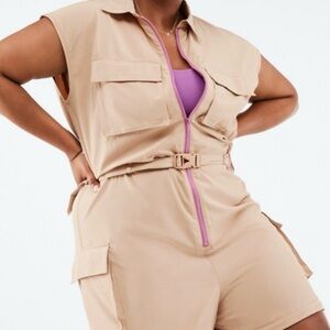 Fabletics Tan Utility Jumpsuit Sleeveless Zipper Pockets Belted Womens Size 4X